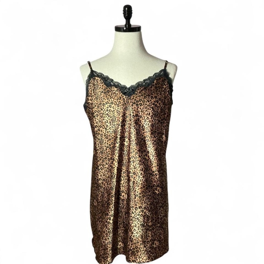 Morgan Taylor Leopard Print Slip Nightgown Cami Dress Black Lace‎ Trim Valentine